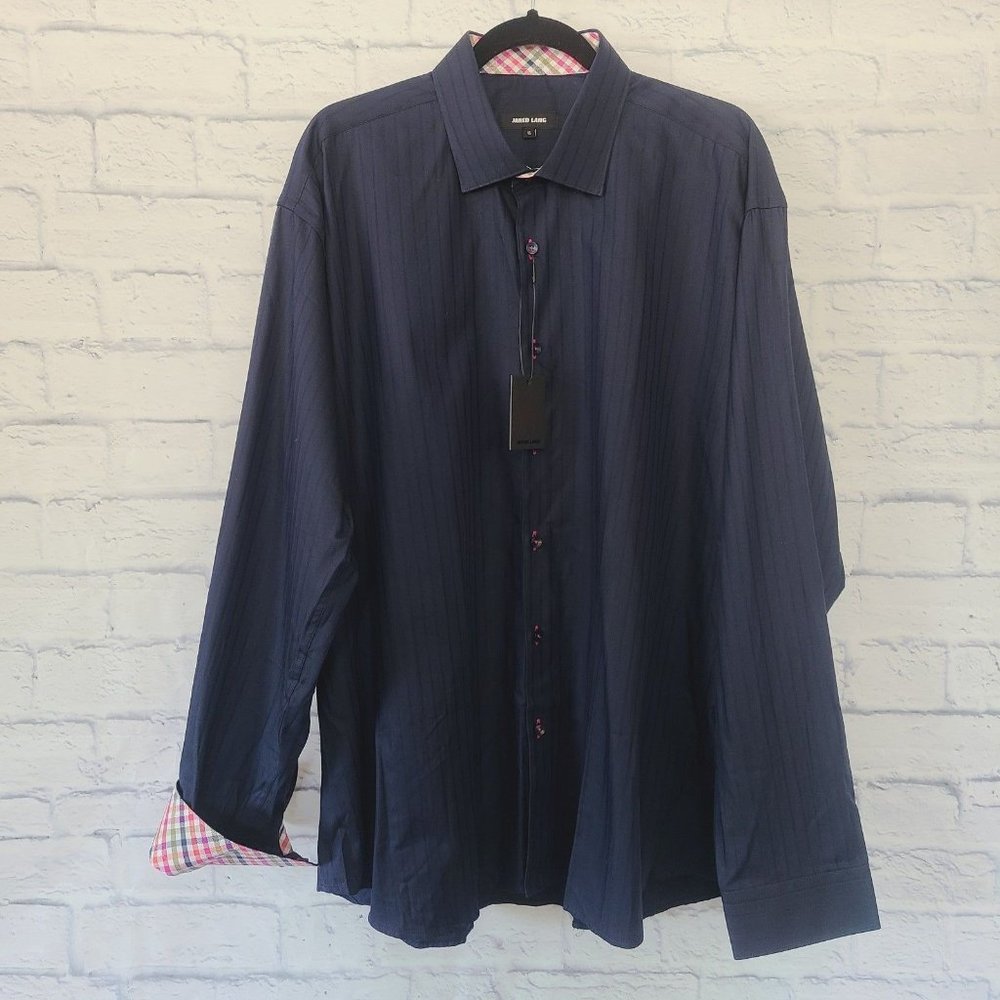 Jared Lang Mens Luxury Dress Shirt Size 18 Navy Blue Flip Cuff NWT *size
